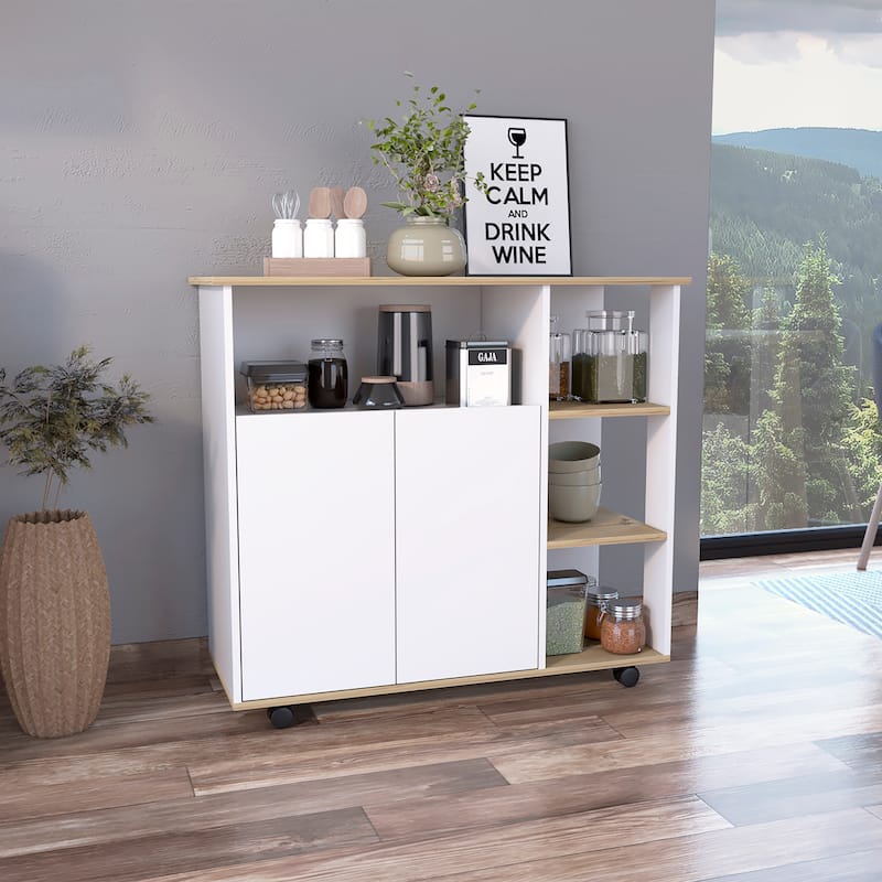 Kitchen Cart, Four Casters , Four Open Shelves, Double Door Cabinet - White