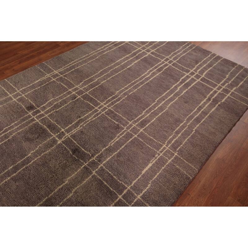 Brown Moroccan Oriental Area Rug Handmade Geometric Wool Carpet - 5'7" x 7'10"