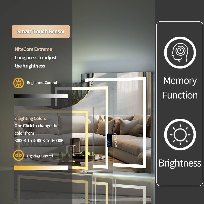 Smart LED Illuminated Fog-free Large Bathroom Mirror with Bluetooth Speakers, Digital Display