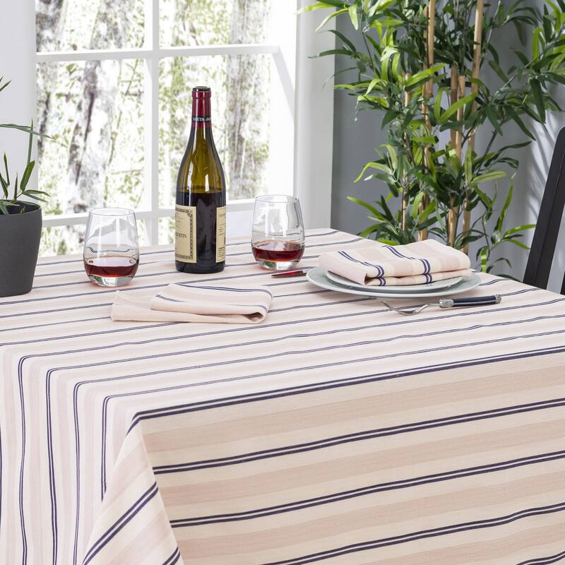 French Home 71" x 95" Cream, Blue, and Pink Striped Tablecloth - 71" x 95"