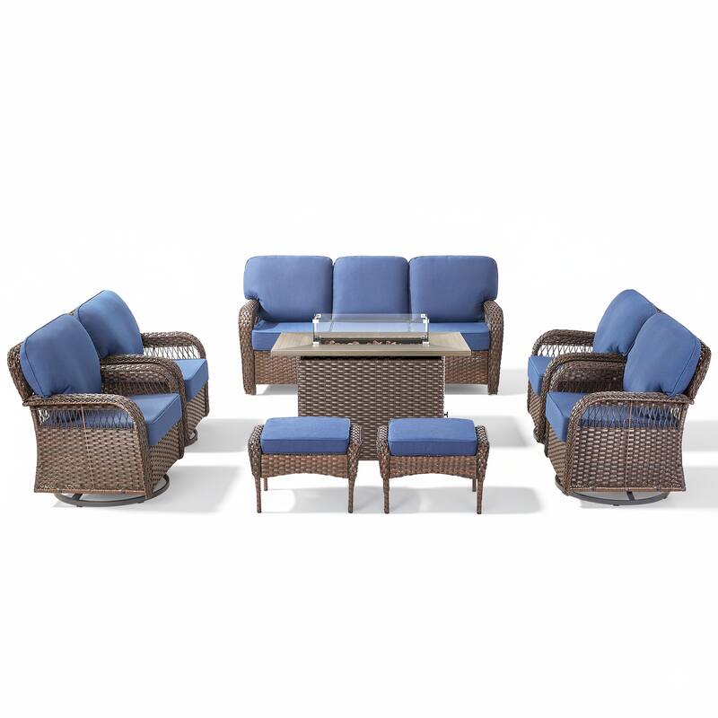 Pocassy Outdoor Fire Pit Table with Swivel Chair Sofa Ottoman Set.
