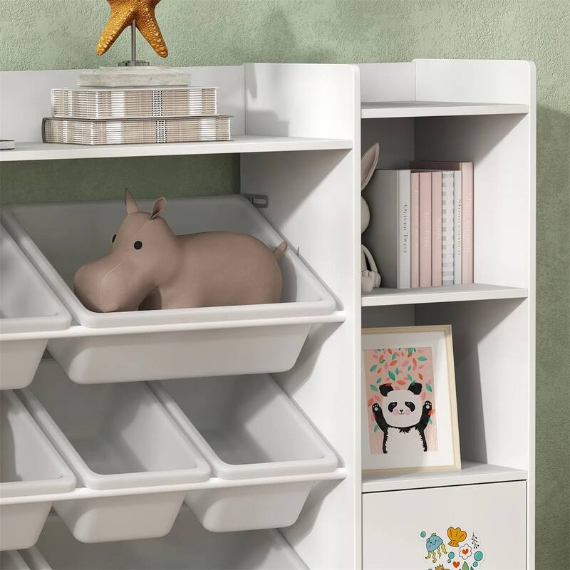 White Kids Storage Shelf with Bins, Bookcase and Cupboard for Organized Playroom - 55.1" L x 11.8" W x 35.4" H