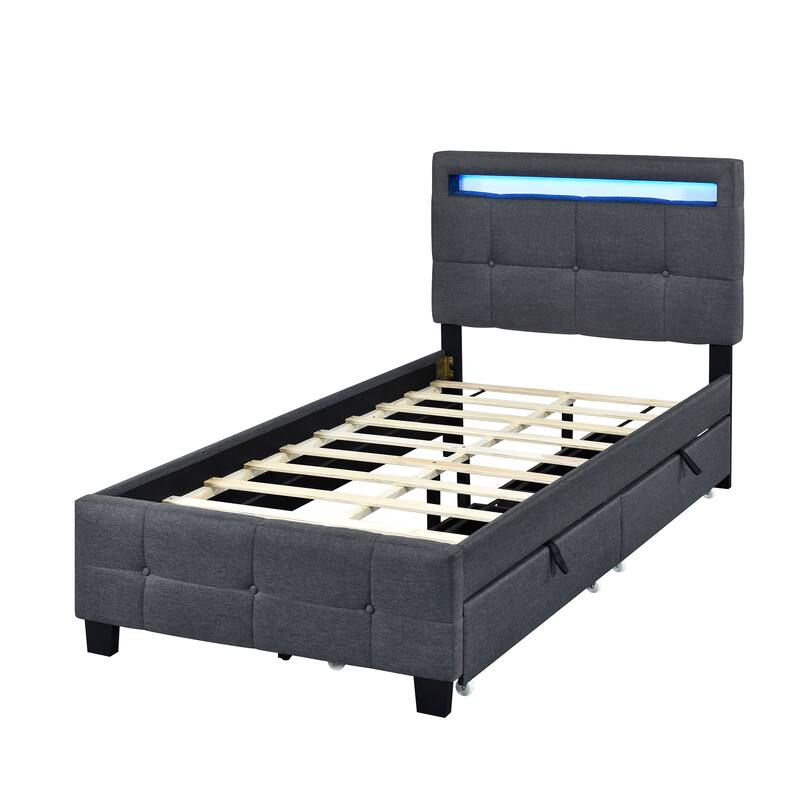 Linen Fabric Upholstered Platform Bed with Lattice-Pattern Headboard, Remote Control LED Panel Bed Frame for Bedroom