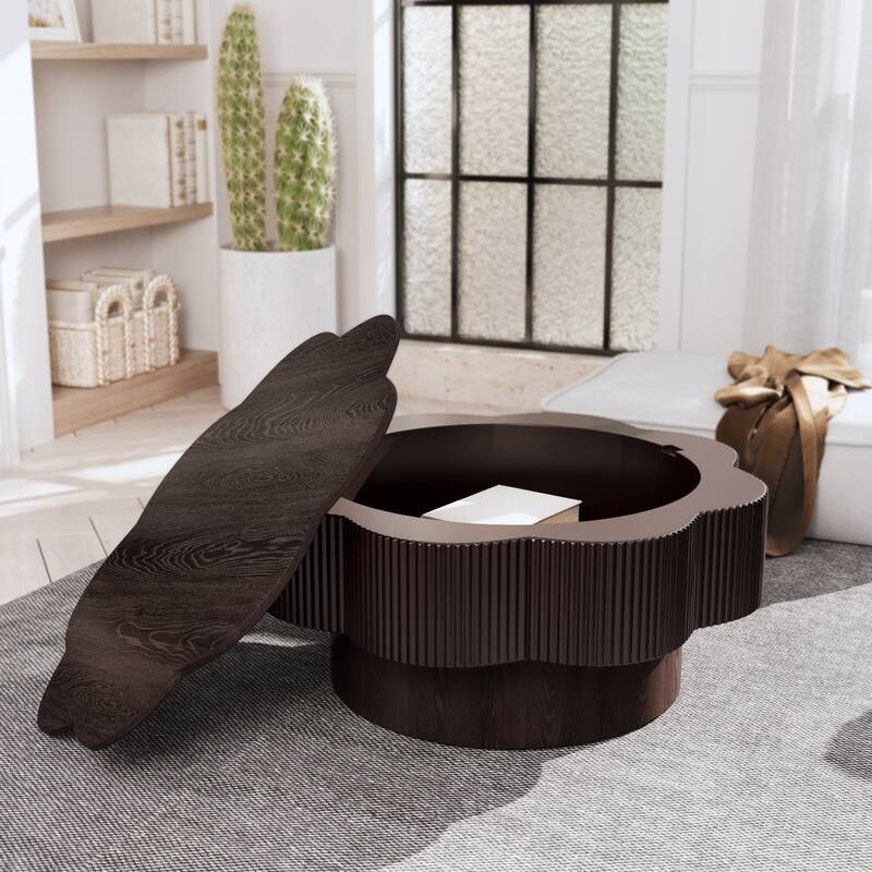 31.50" Modern Coffee Table with Storage, Flower Shaped Wood Storage Table Center Table - Dark Brown