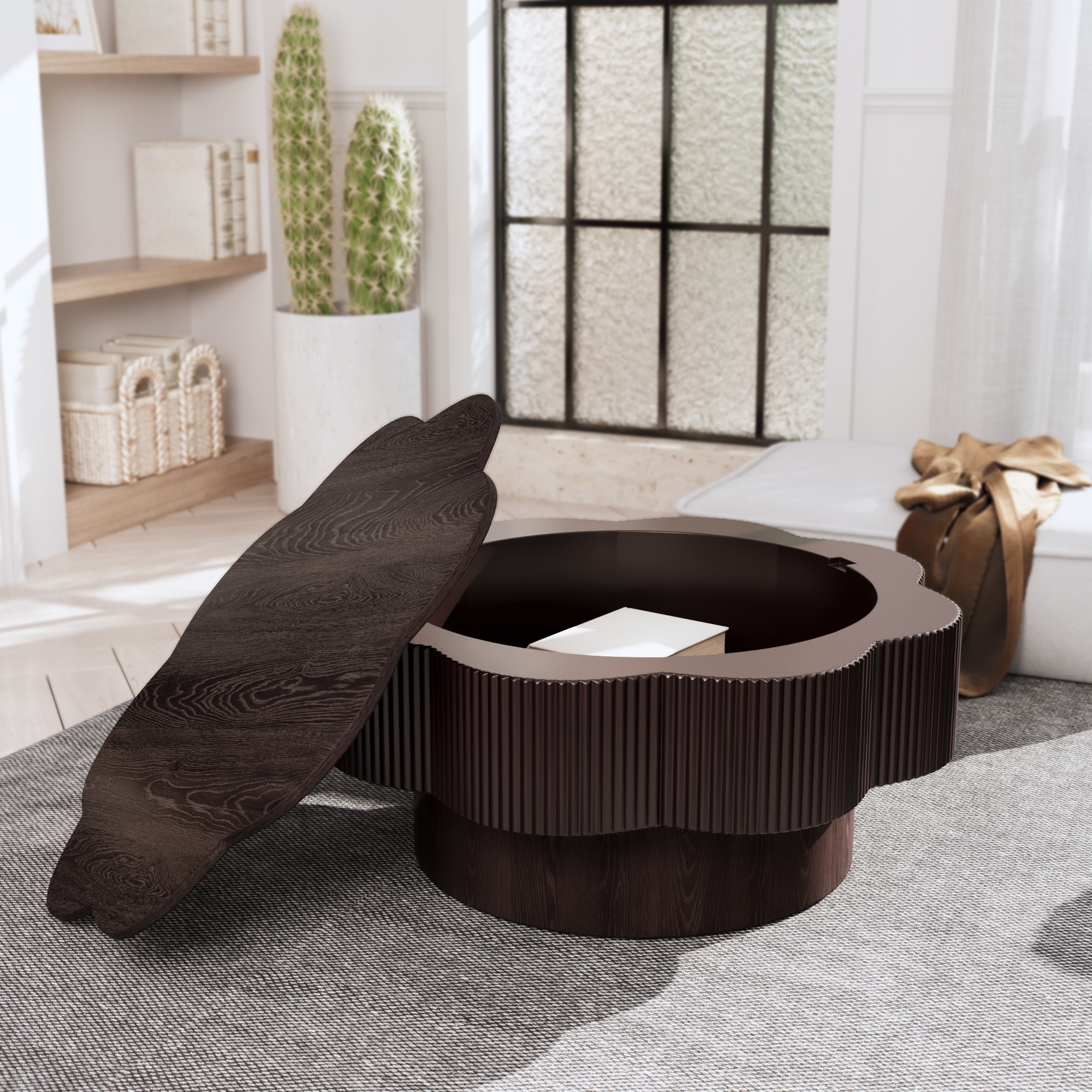 31.50"Modern Flower Shaped Coffee Table, Plum Blossom Shaped Coffee Table with Storage - Natural Wood Veneer