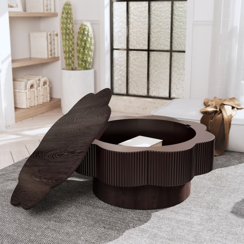 Modern Solid Wood Veneered Round/Oval/Rectangular Coffee Tea Table with Storage. - Dark Brown-Flower Shaped(31.5")