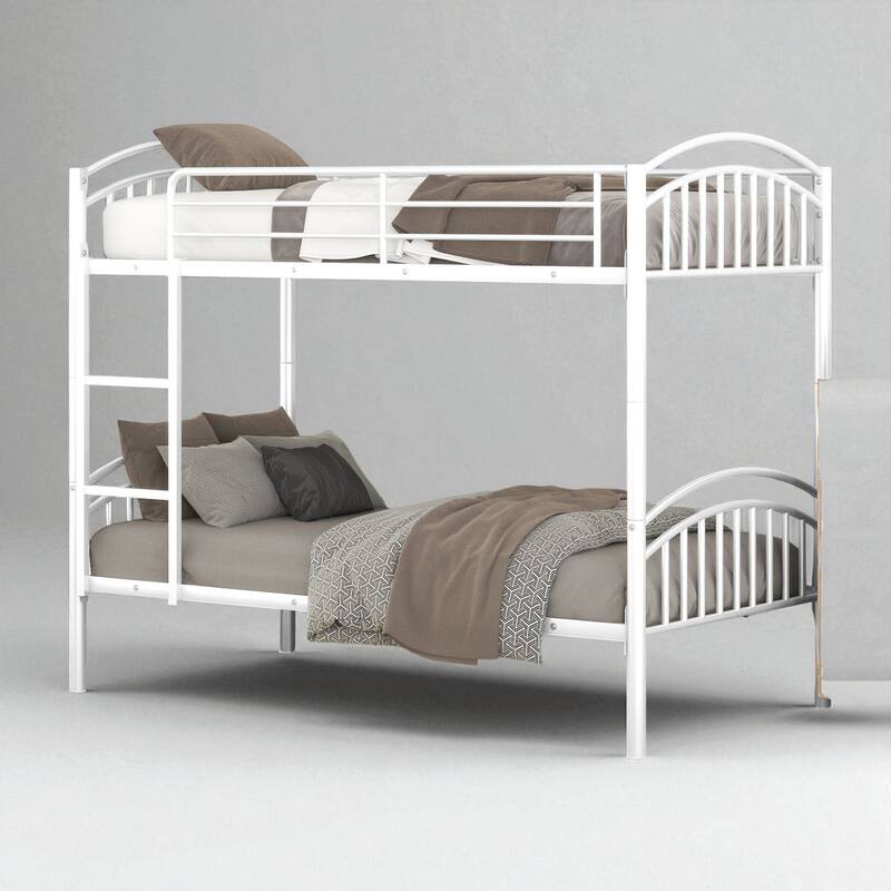 Twin Over Twin Metal Bunk Bed with Ladder and Safety Rails, Convertible into Two Twin Beds, No Box Spring Needed