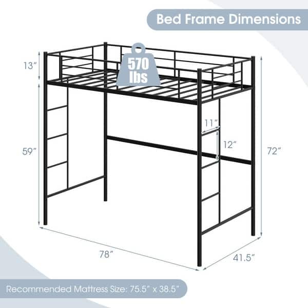 Twin Size Space-saving Metal Loft Bed with Full-Length Guardrail and 2 Ladders-Black - Black