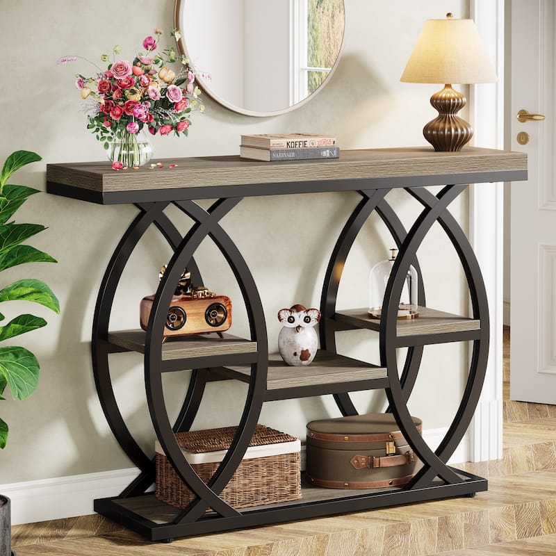 Industrial Console Table, 4-Tier Sofa Table with Geometric Metal Frame - Grey