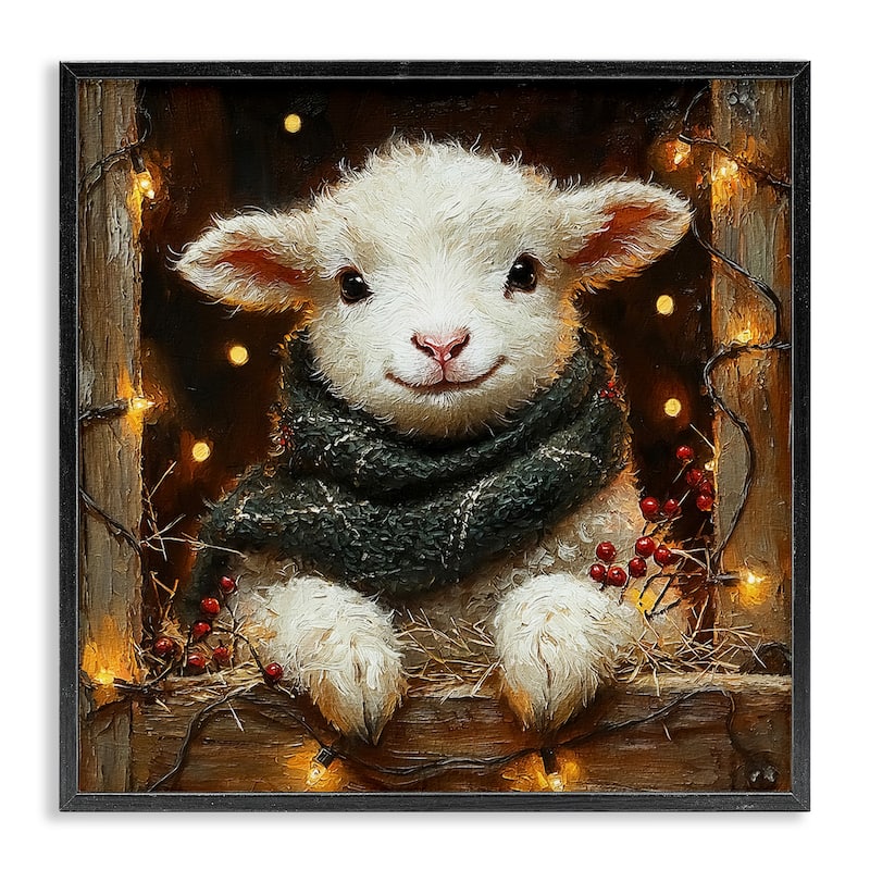 Stupell Festive Lamb with Holiday Lights Framed Giclee Art Design By Riley B - 24 x 24 - Black