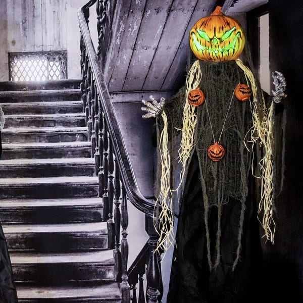 slide 2 of 14, Life-Size Poseable Pumpkin Man with Lights, Indoor/Covered Outdoor Halloween Decoration