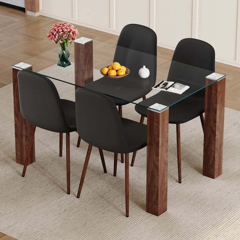 Roomfitters 5pcs Tempered Glass Dining Table Set with Walnut MDF Legs and Linen Upholstered Chairs, Black