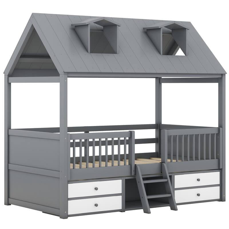 Full/Twin Size Wooden House Bed Frame with Roof, Ladder, Ample Storage - Perfect for Kids' Room, Whimsical Design, Easy Access