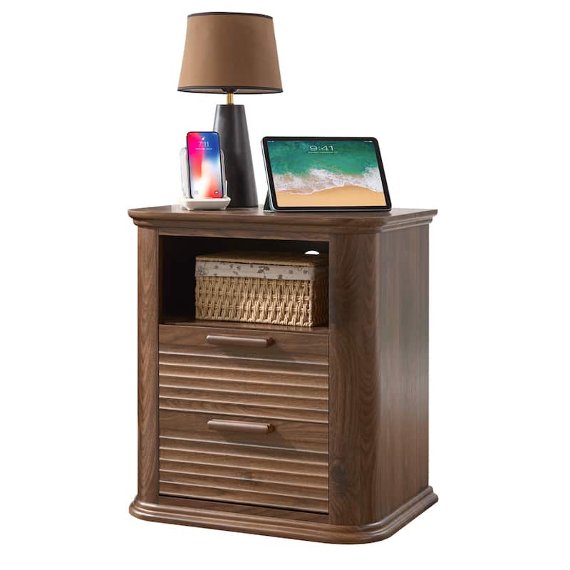 Modern End Table with 2 Drawers & Open Storage