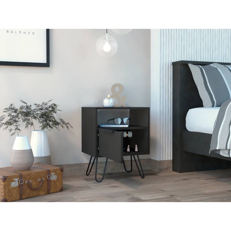 Modern Nightstand with Shelf and Drawer, Wengue Finish, Hairpin Legs