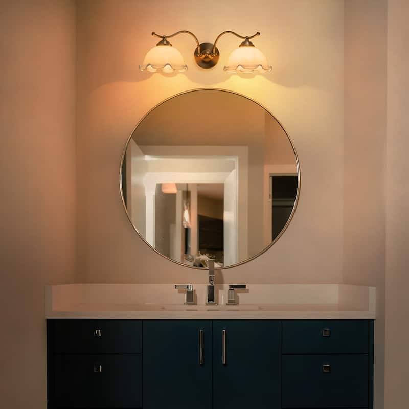 2-Light Gold Metal Wall Sconce with Flower Milky White Glass Shades