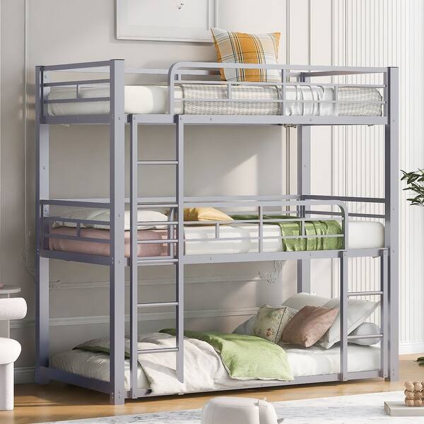 slide 2 of 8, Silver Twin Metal Triple Bunk Bed with Ladder & Fence Silver