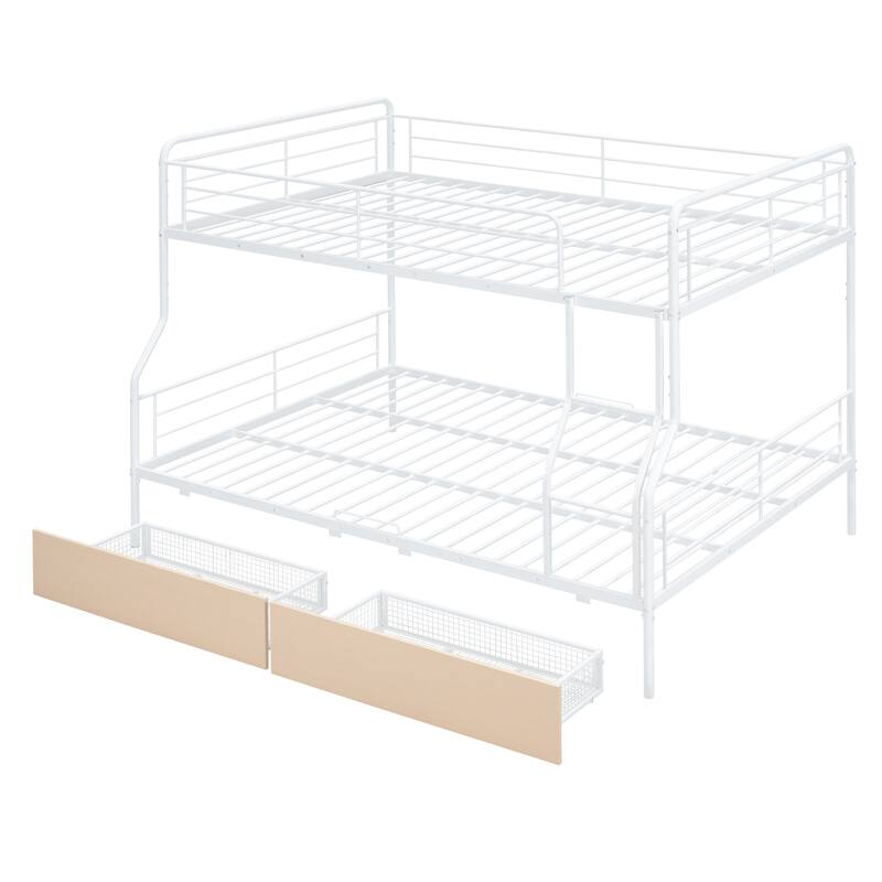 White Full XL Over Queen Metal Bunk Bed with 2 Drawers, Sturdy Iron Frame, Space-Saving Design