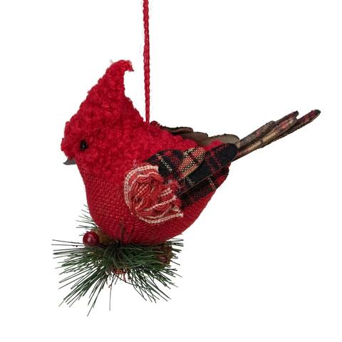 13" Red and Green Plaid Cardinal on Holly Berries Christmas Ornament