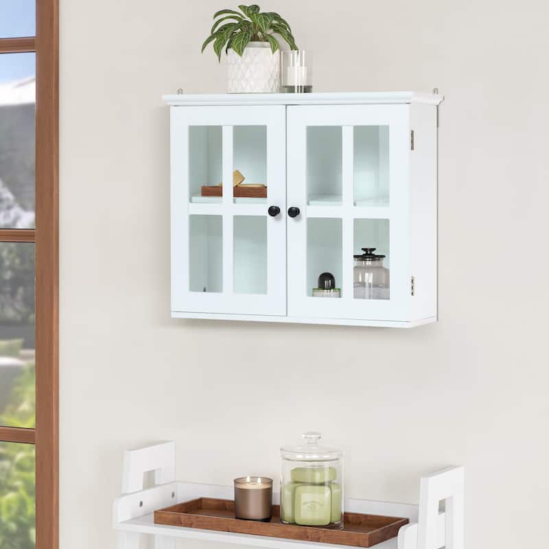 White MDF Wood Glass Pane Bathroom Wall Cabinet - 19.9" H x 23.6" W x 7.5" D