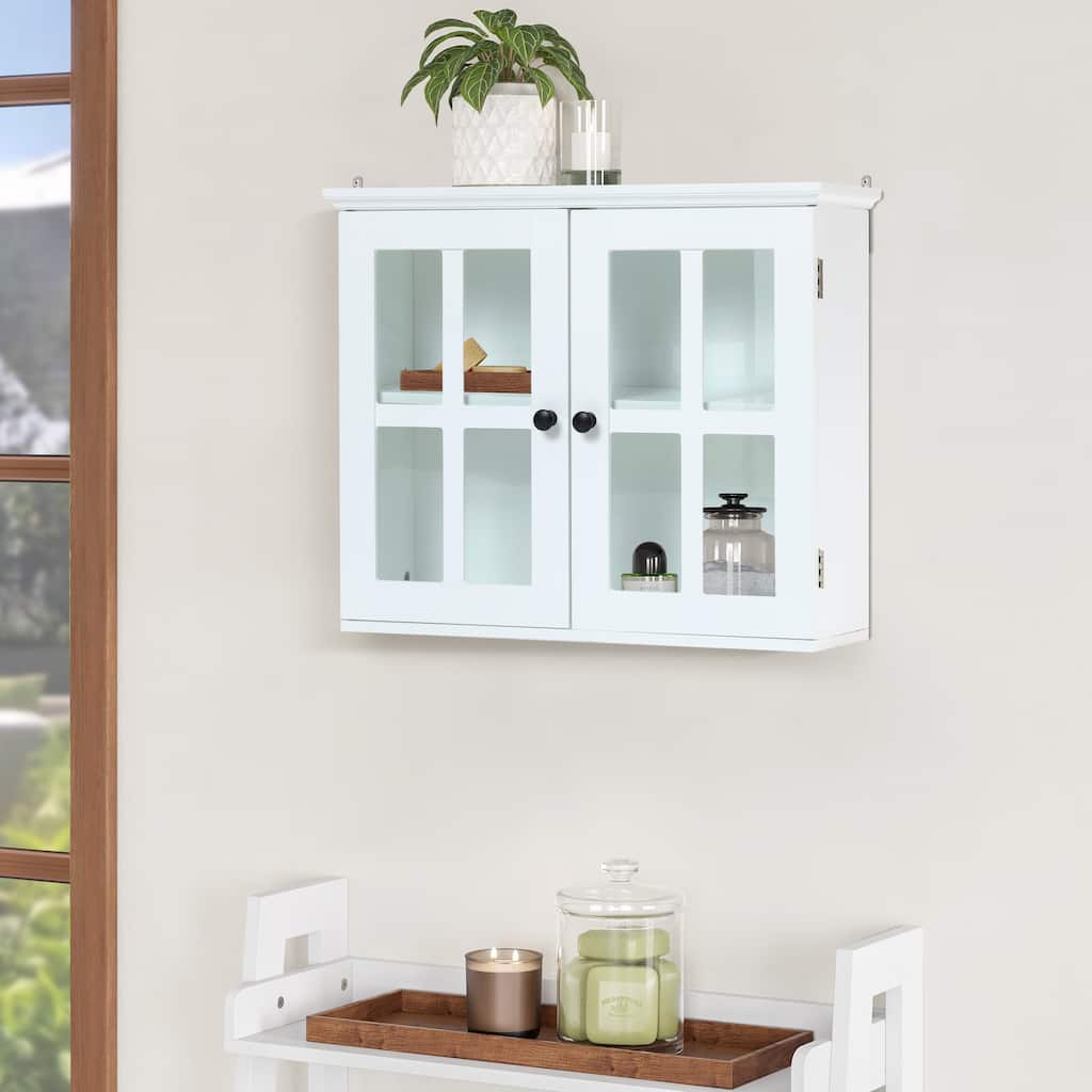 White MDF Wood Glass Pane Bathroom Wall Cabinet - 19.9" H x 23.6" W x 7.5" D