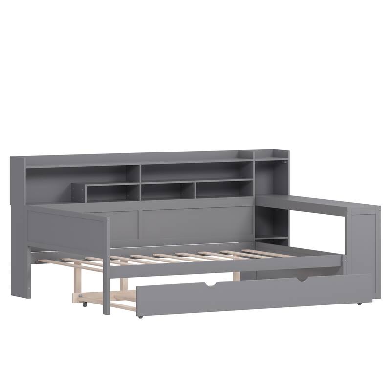 Wooden Daybed with Storage Shelves, Multi-functional Bed with Twin Size Trundle Bed and Study Desk