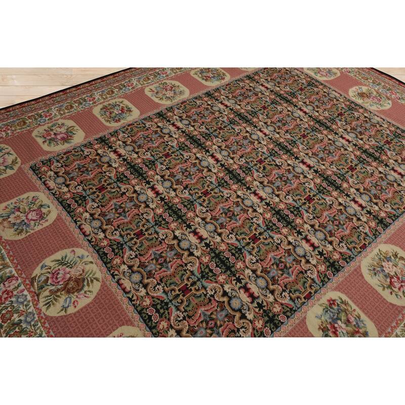 7'8''x9'8'' Hand Woven Wool Black Aubusson Needlepoint Floral Area Rug - 7' 8'' x 9' 8''