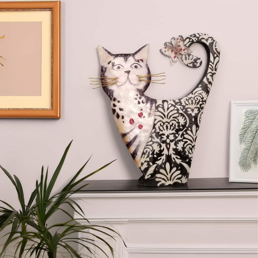 Eangee Handmade Cat Capiz Shell Wall Decor White And Black, 11 x 1 x 14 in. - 1 x 11 x 14