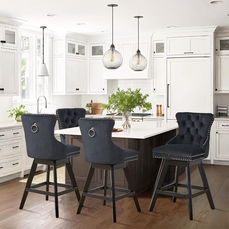 Velvet Wing-Back Tufted Nailhead Upholstered Bar Stools (Set of 6)