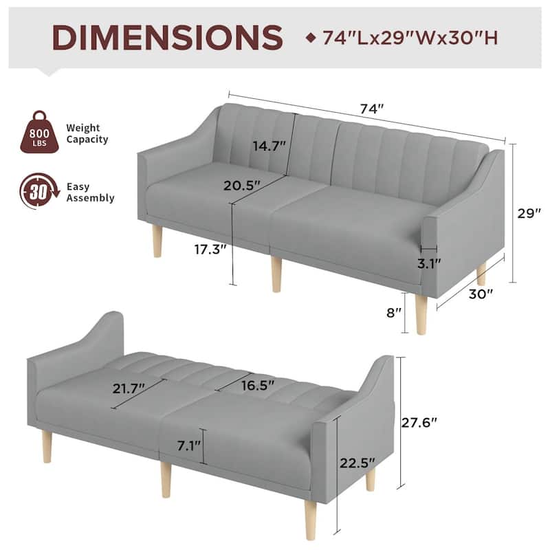 74.02" Modern Velvet Sofa Bed with Adjustable Backrest