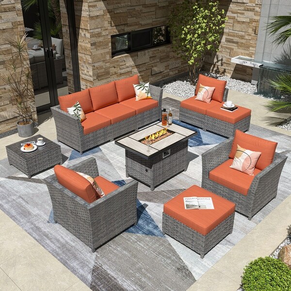 HOOOWOOO 10-piece Outdoor Furniture Rattan Sectional Set with Fire