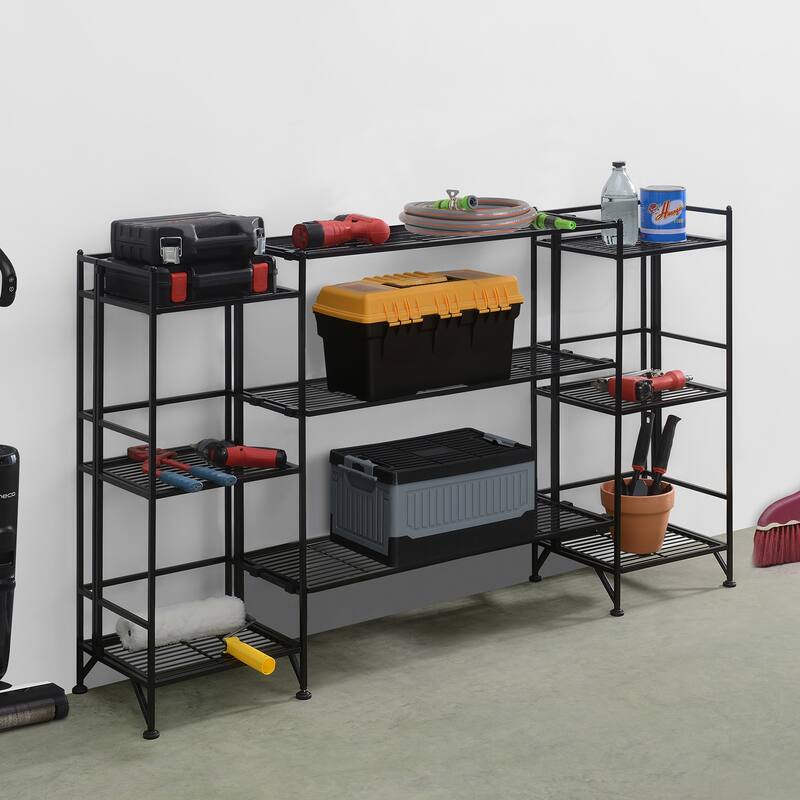 Xtra Storage 3 Tier Folding Metal Shelves with Set of 3 Deluxe Extension Shelves - Black