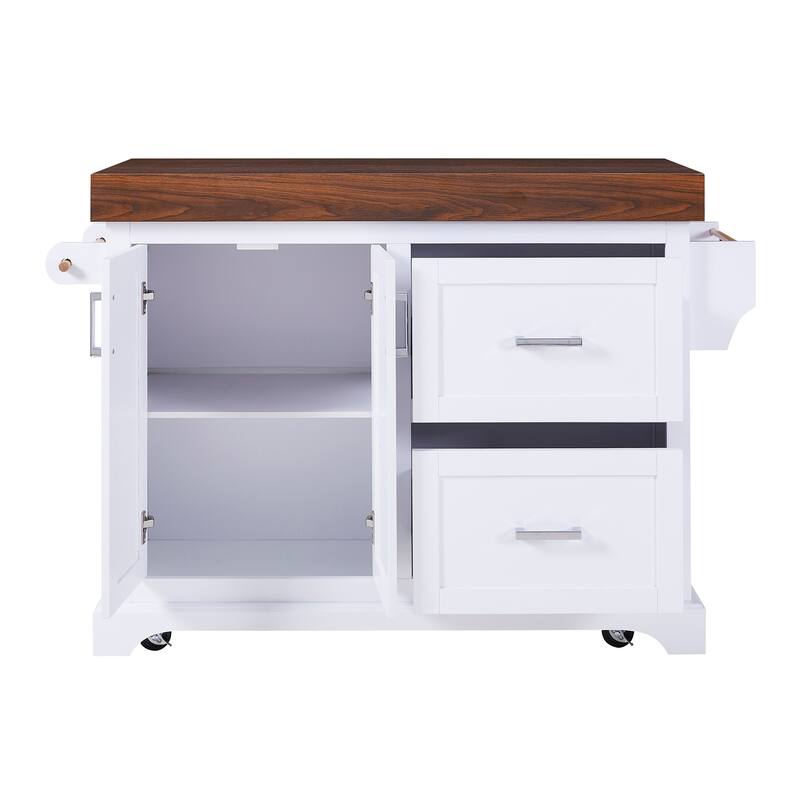 53" Large Kitchen Island with 3.5" Thick Desktop, Spice and Towel Racks, Kitchen Island with Storage on 5 Wheels, 2 Drawers