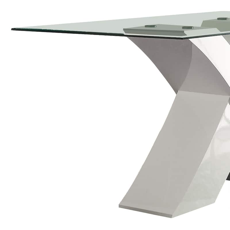 Glass Top Dining Table With X Shape Wooden Base, White and Clear