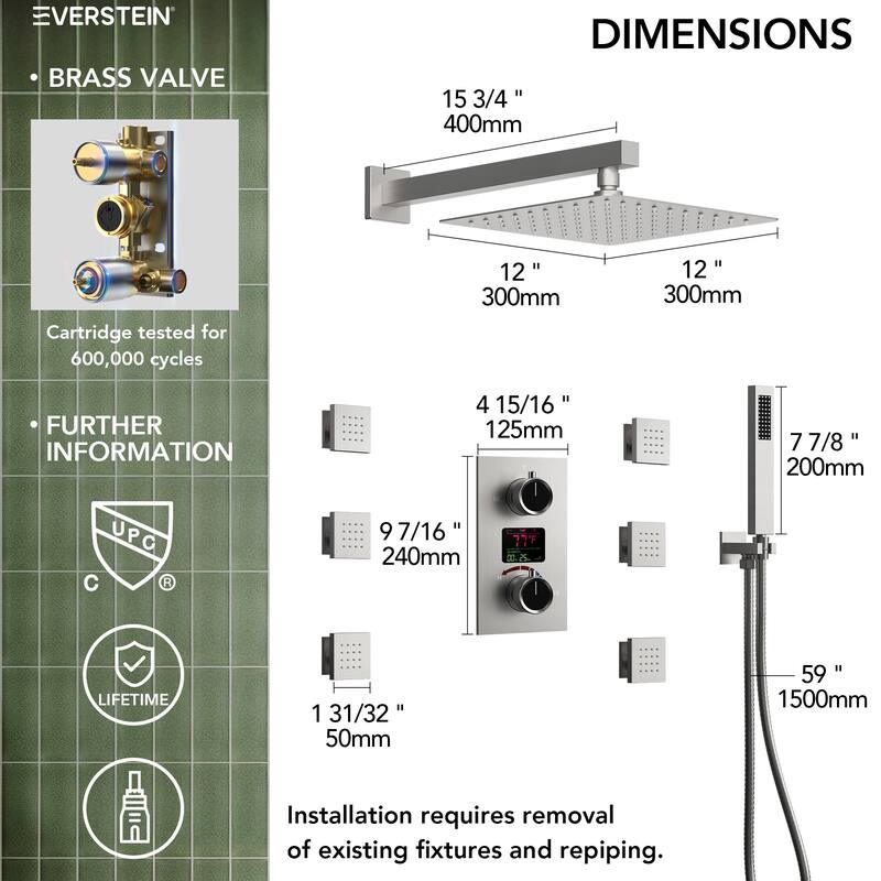 LCD Temperature Display 12" High-Pressure Shower System With Pressure Balancing Diverter Valve - 12-Inch
