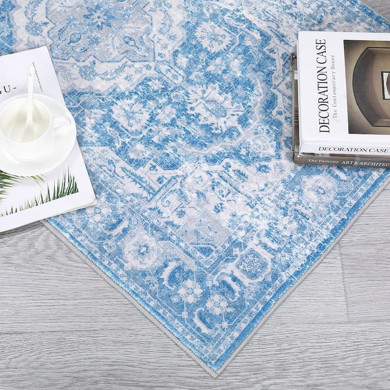 Vintage Medallion Area Rug Washable Rug Indoor Non-Slip Low Pile Throw Rug for Living Room Bedroom