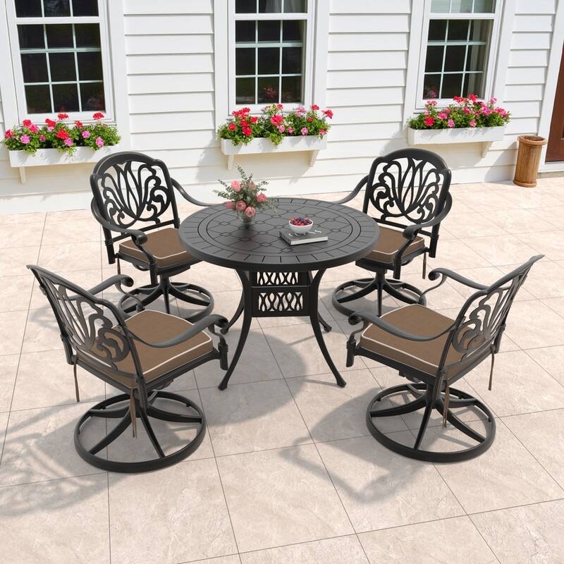5-Piece Aluminum Round Outdoor Patio Dining Set, 4 Cushioned Swivel Chairs, Table, All-Weather Frames
