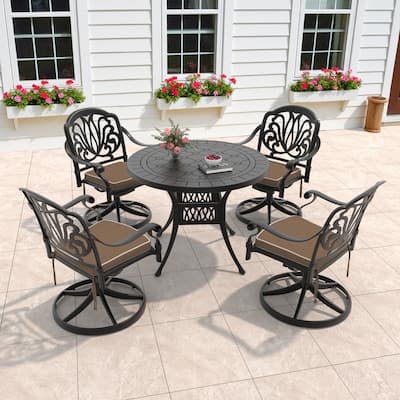 5-Piece Aluminum Round Outdoor Patio Dining Set, 4 Cushioned Swivel Chairs, Table, All-Weather Frames