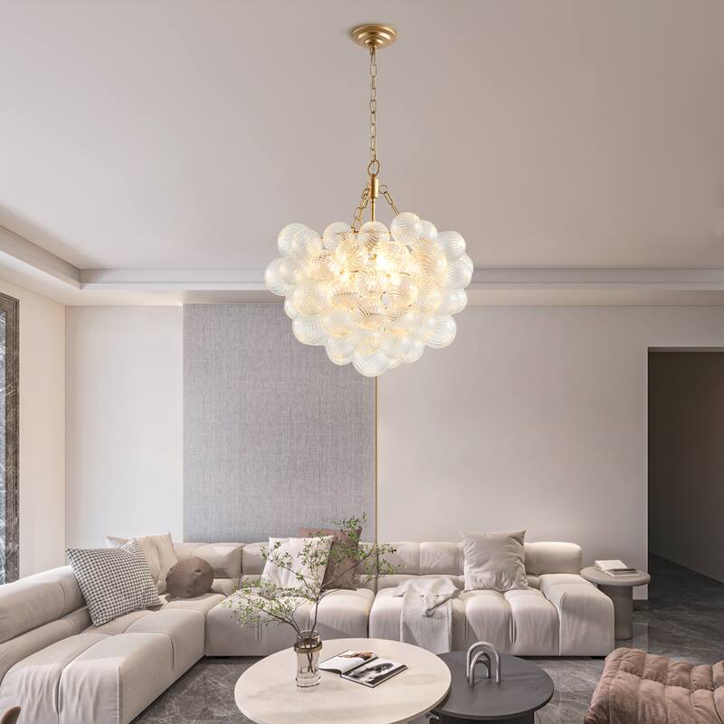 Modern Gold Pendant Light Chandelier with Threaded Clear Glass Globe Shade Adjustable Height, for Living Room, Dining Room