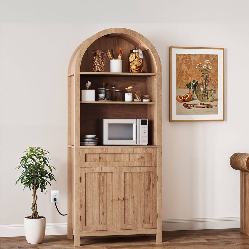 72.8" Tall Farmhouse Arched Kitchen Pantry Storage with Power Outlets and Spice Rack - Yellow Oak