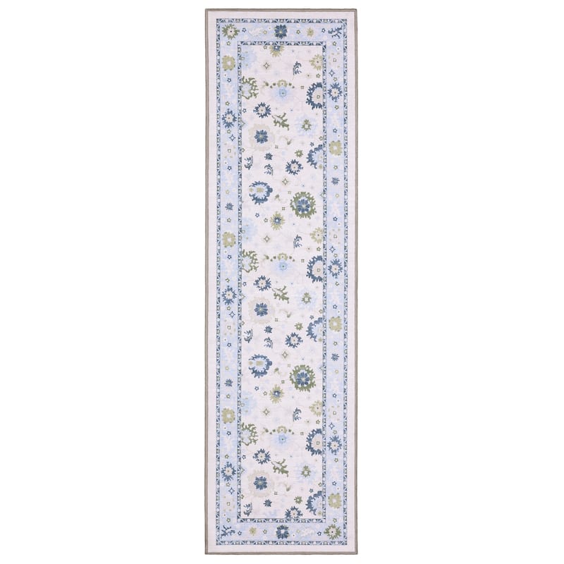 Addison Floral Traditional White/Blue Printed Washable Flat Pile Rug - 2' x 7'