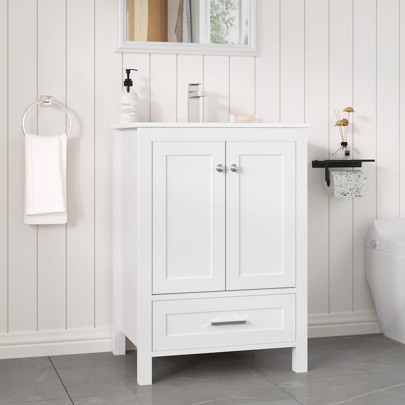 EROMMY All-in-One Bathroom Vanity with Ceramic Sink, Soft-Close Storage Cabinet & Drawer, Glossy Countertop, White