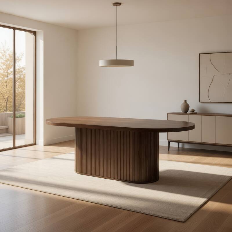 Gamo Oval Dining Table, Vertical Reeded Details, Oak Brown 87 Inch