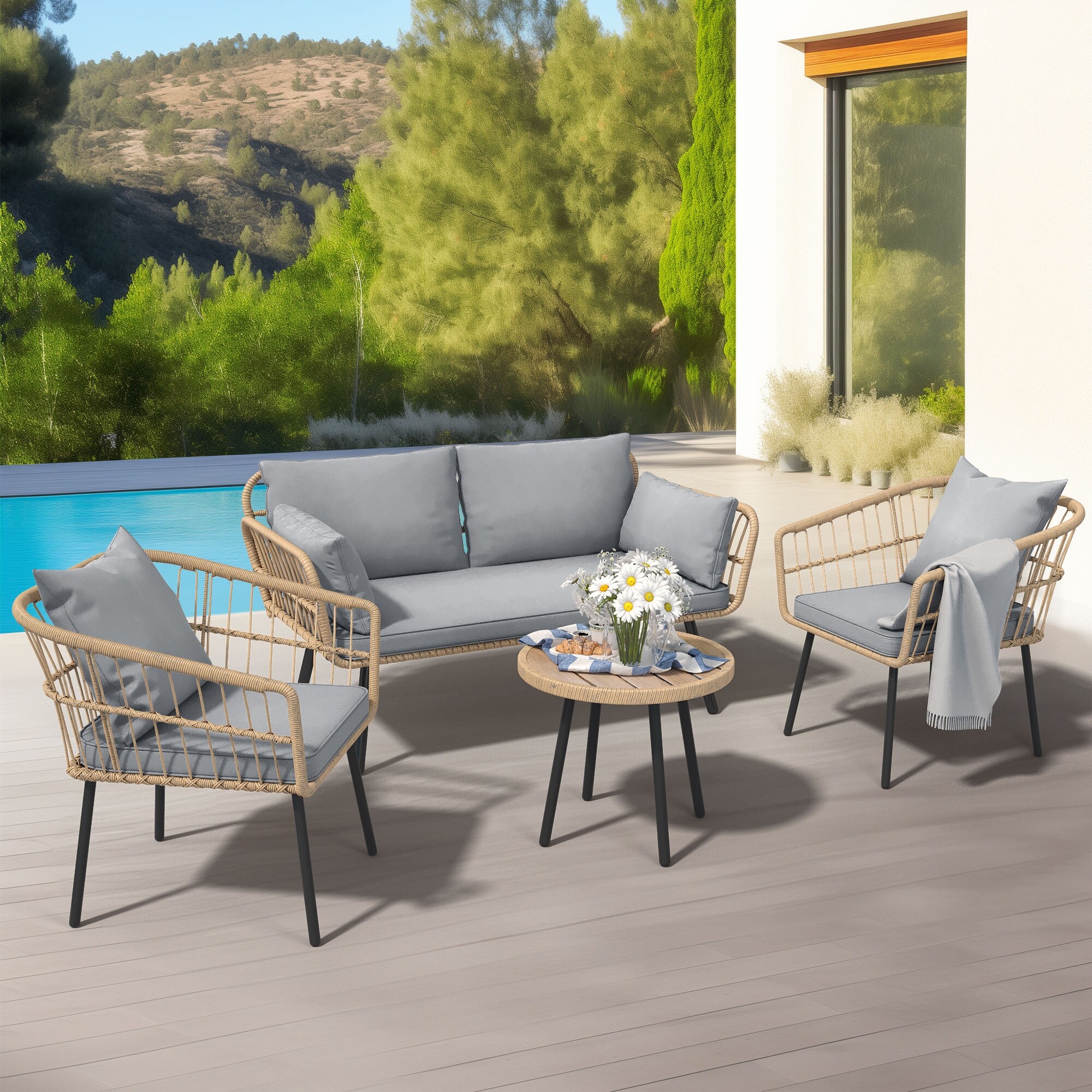 Moasis Outdoor Patio All-Weather Wicker Loveseat/Bistro Set/Sectional Sofa with Cushions and Lumbar Pillows