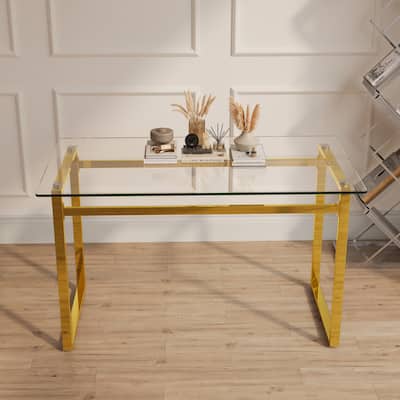 Modern Minimalist Rectangular Tempered Glass Dining Table with 0.31"Tabletop and Metal Frame