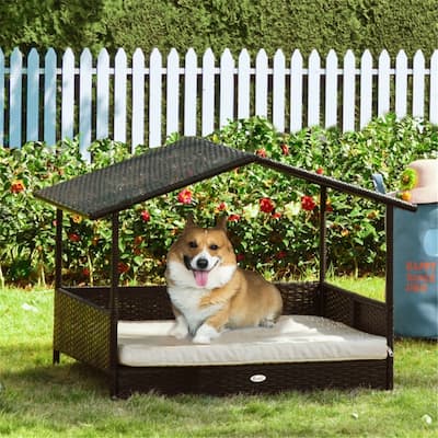 Outdoor Dog House with Elevated Rattan Design and Cushioned Bed for Small to Medium Pets - 38.5" L x 27.25" W x 27.5" H