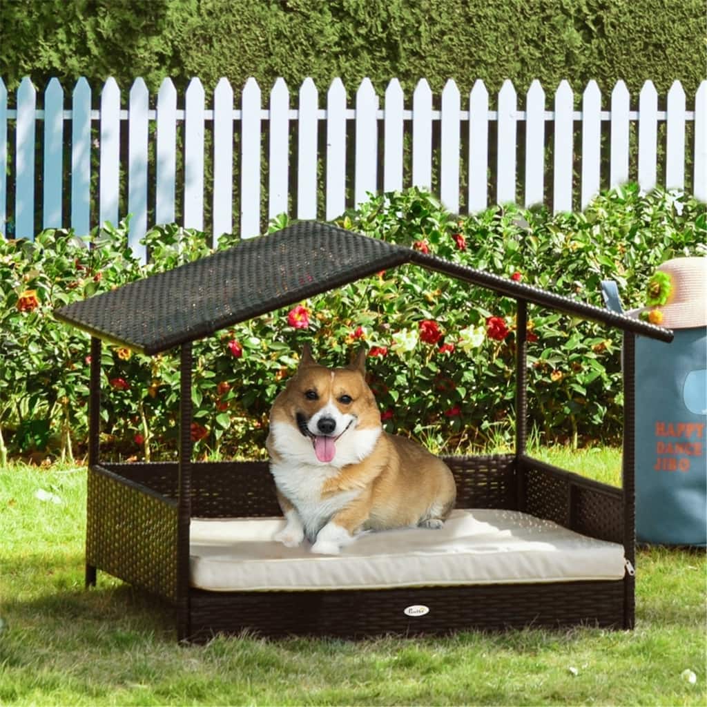 Outdoor Dog House with Elevated Rattan Design and Cushioned Bed for Small to Medium Pets - 38.5" L x 27.25" W x 27.5" H