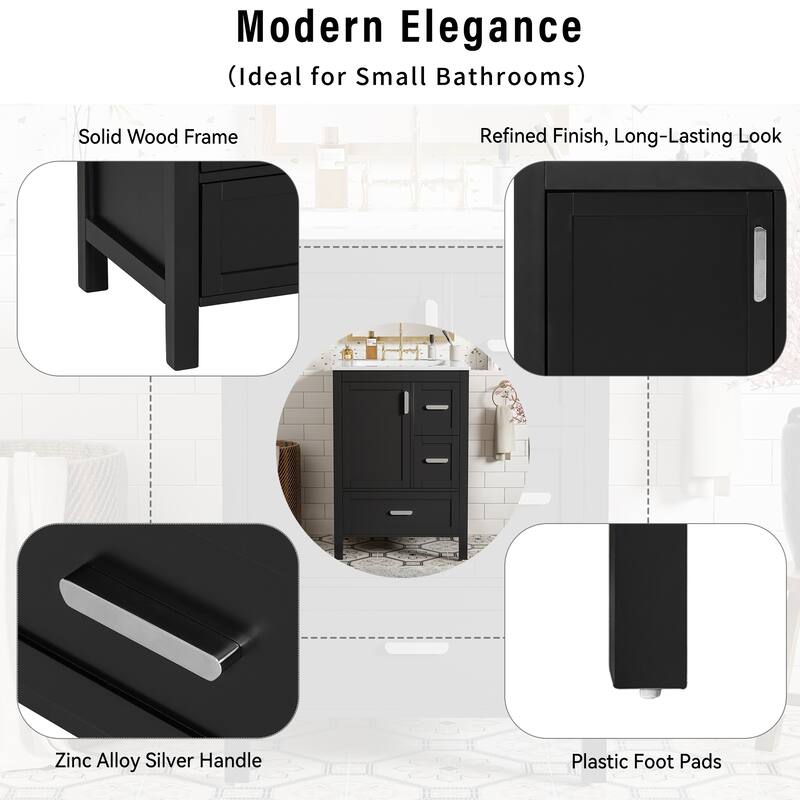Modern 24-inch Bathroom Vanity with Ceramic Sink, Soft-Close Door, Double-Layer Door Shelf, and 3 Drawers