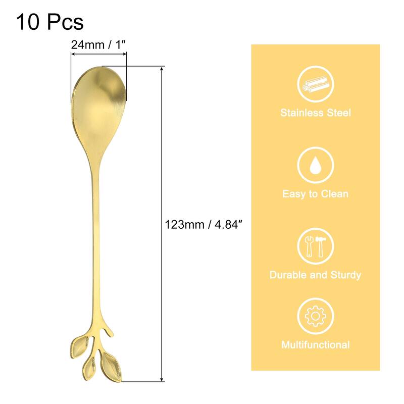 10Pcs 4.8" Stainless Steel Leaf Coffee Spoon Tableware Dessert Spoons - Gold