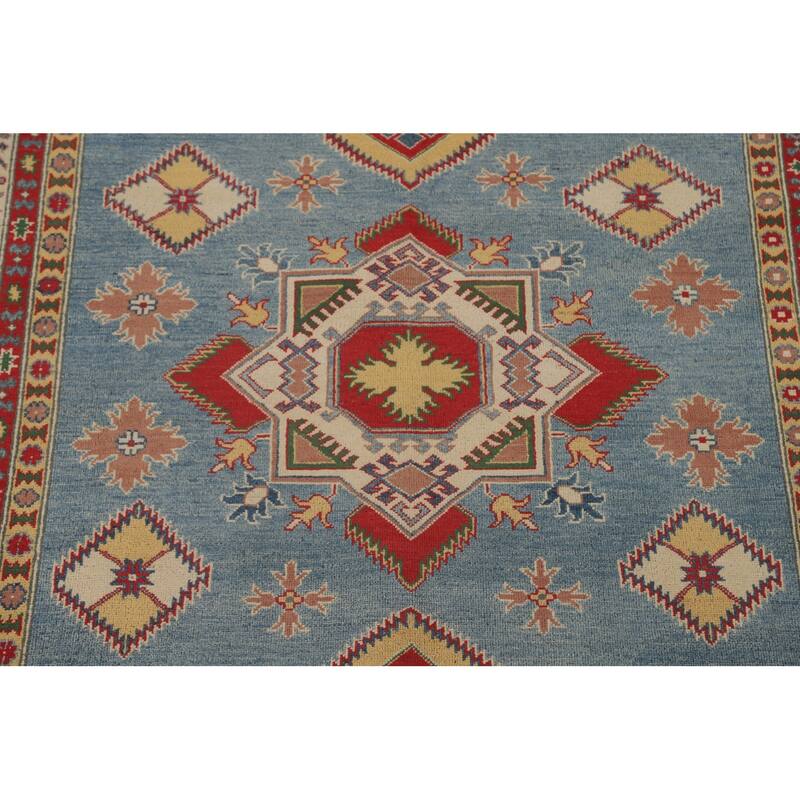 Blue Geometric Kazak Area Rug Hand-Knotted Traditional Wool Carpet - 6'8" x 9'9"